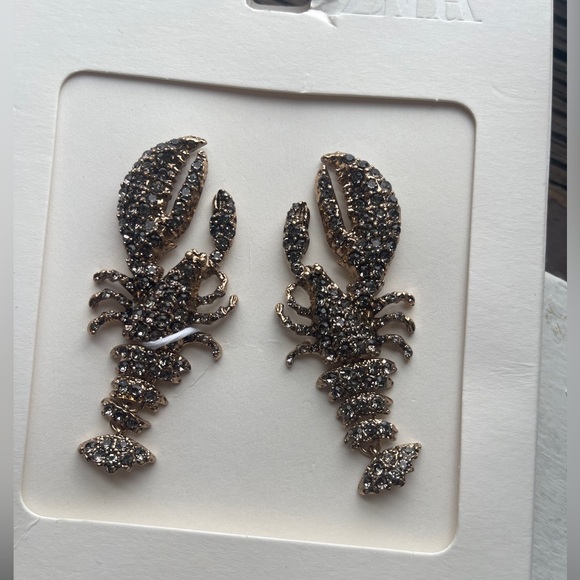 NWT Zara Rhinestone Lobster Earrings in Anthracite Gray / Black & Gold STUNNING - Picture 7 of 9